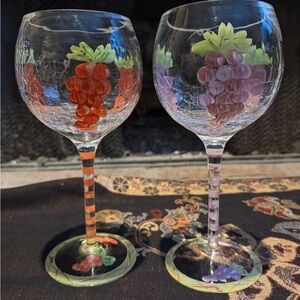 Red and Purple Glass Art Wine Glasses with Grape Motif